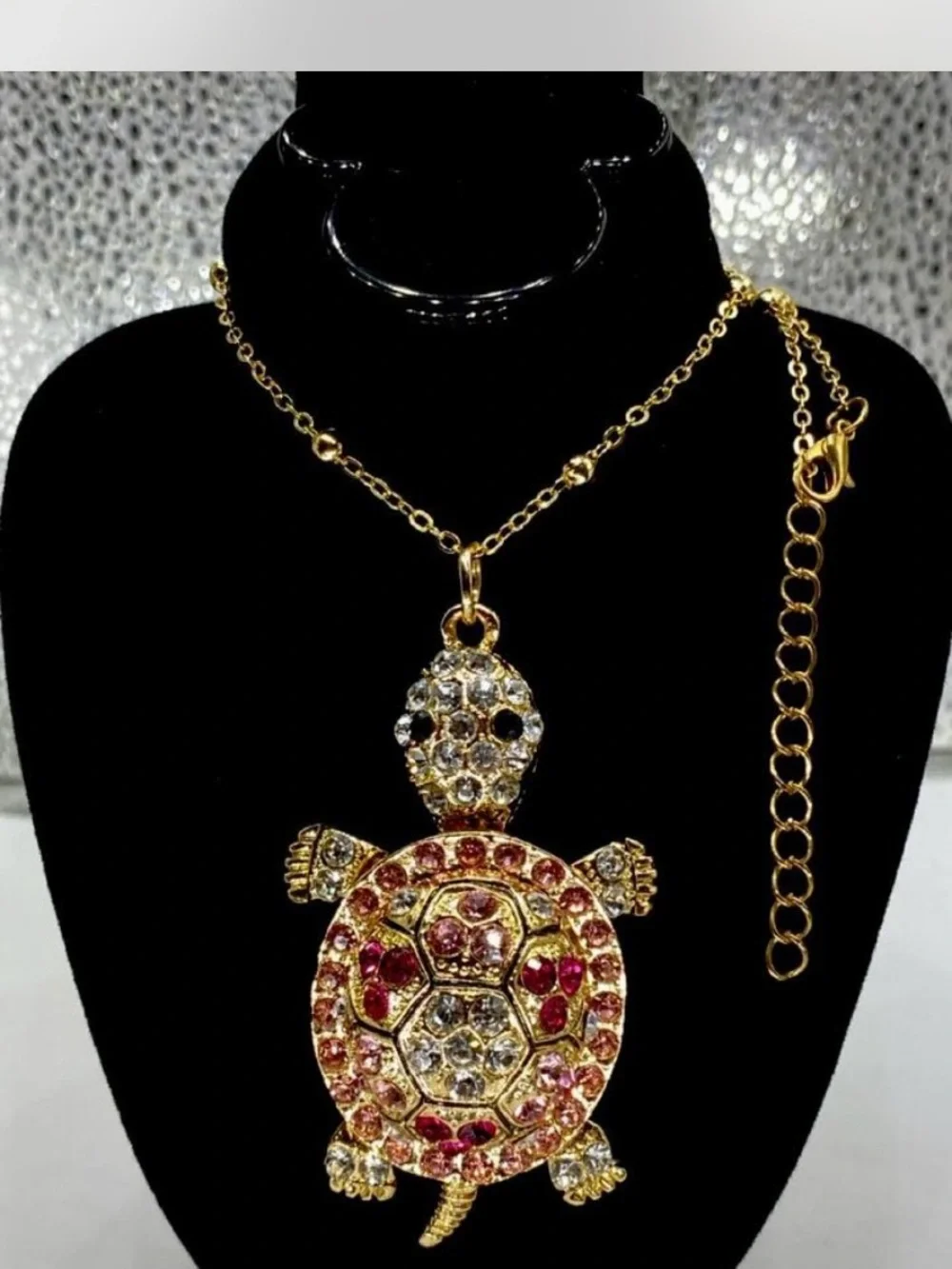 Ladies ^^^ Gold Turtle 3d 3”  Pendant Necklace ^^^ Iced Pink /  Red Crystals *^*